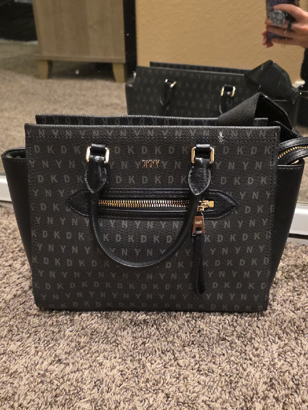 DKNY Black and Gray Logo Satchel with Gold Hardware